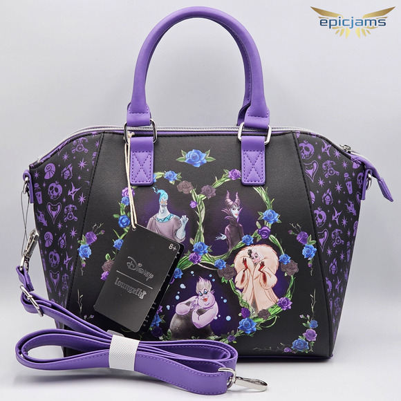 Loungefly Disney Villains Floral Icons Purple Black Crossbody Satchel Bag New - Picture 6 of 7